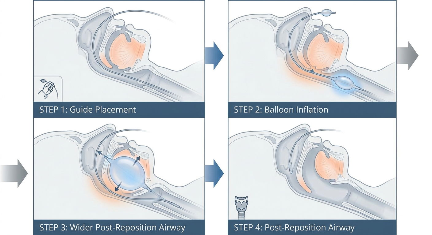 ClearPath step-by-step storyboard: guide placement, balloon inflation, then wider post-reposition airway