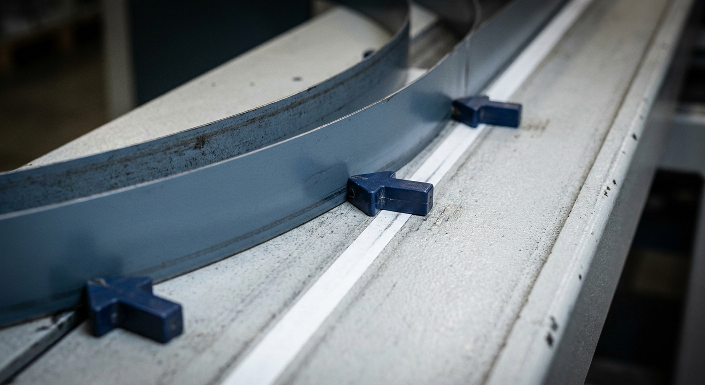 Bent strip guided toward centerline by arrows