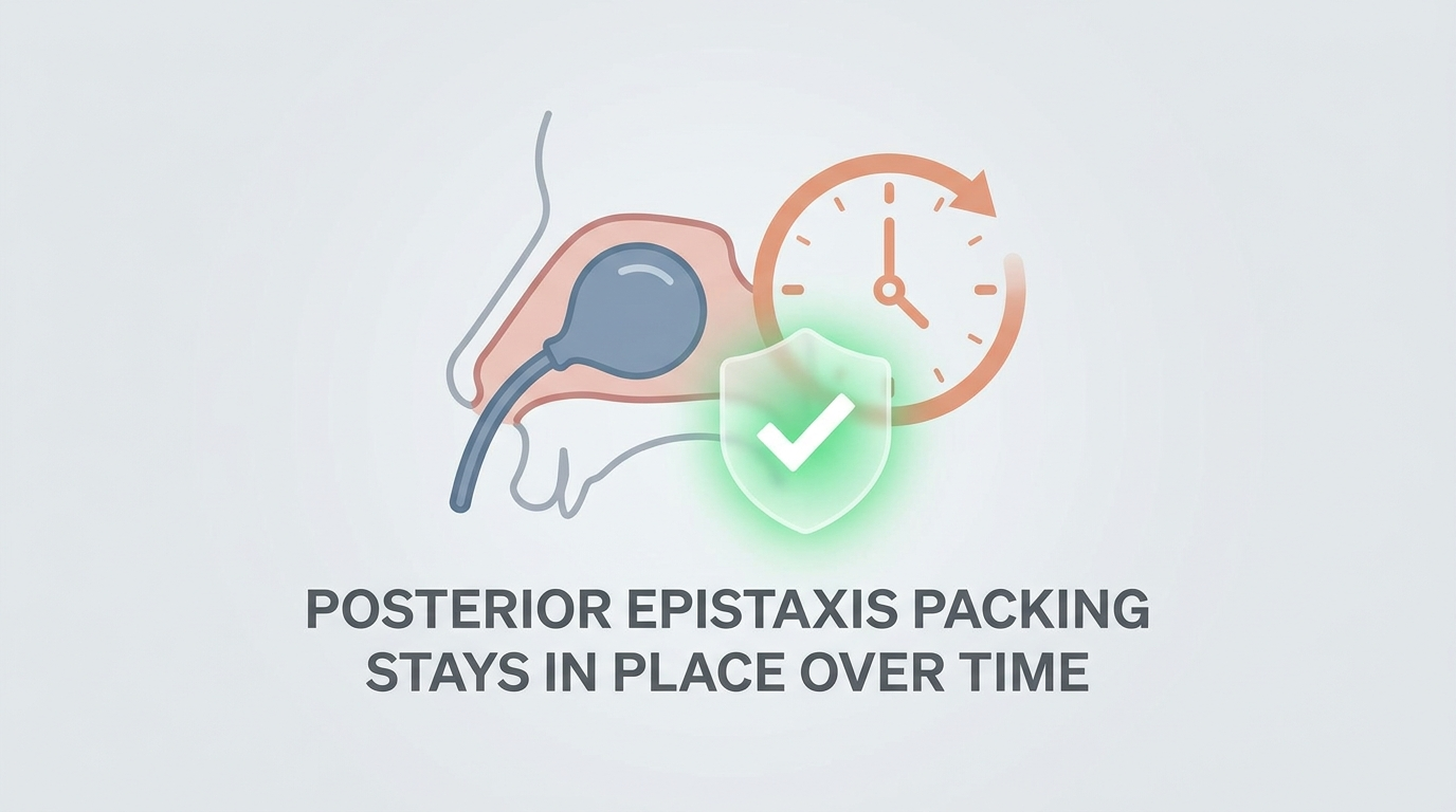 Posterior epistaxis balloon with clock and shield icons indicating duration and safety
