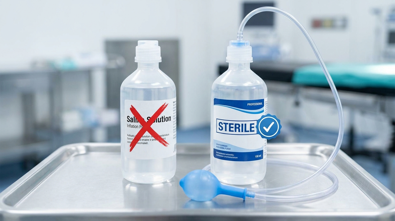 Comparison of inflation fluids: non-sterile X vs. sterile with check, tube to small balloon