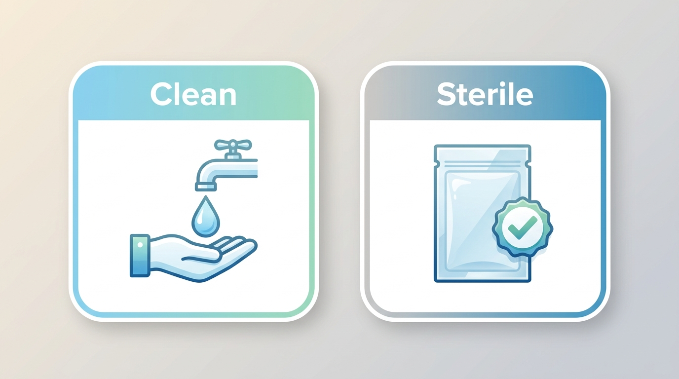 Side-by-side tiles: Clean vs. Sterile with icons, neutral gradient background