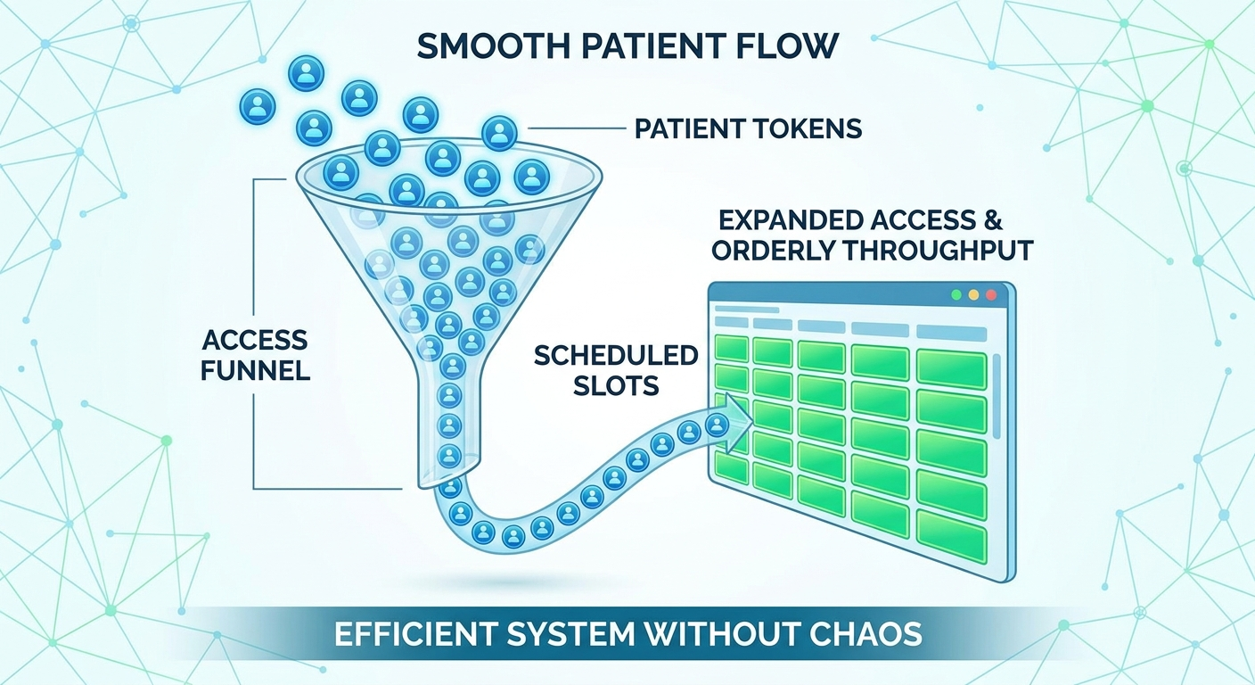 Access and throughput concept: patient tokens moving through a funnel into scheduled slots, showing expanded access without chaos.