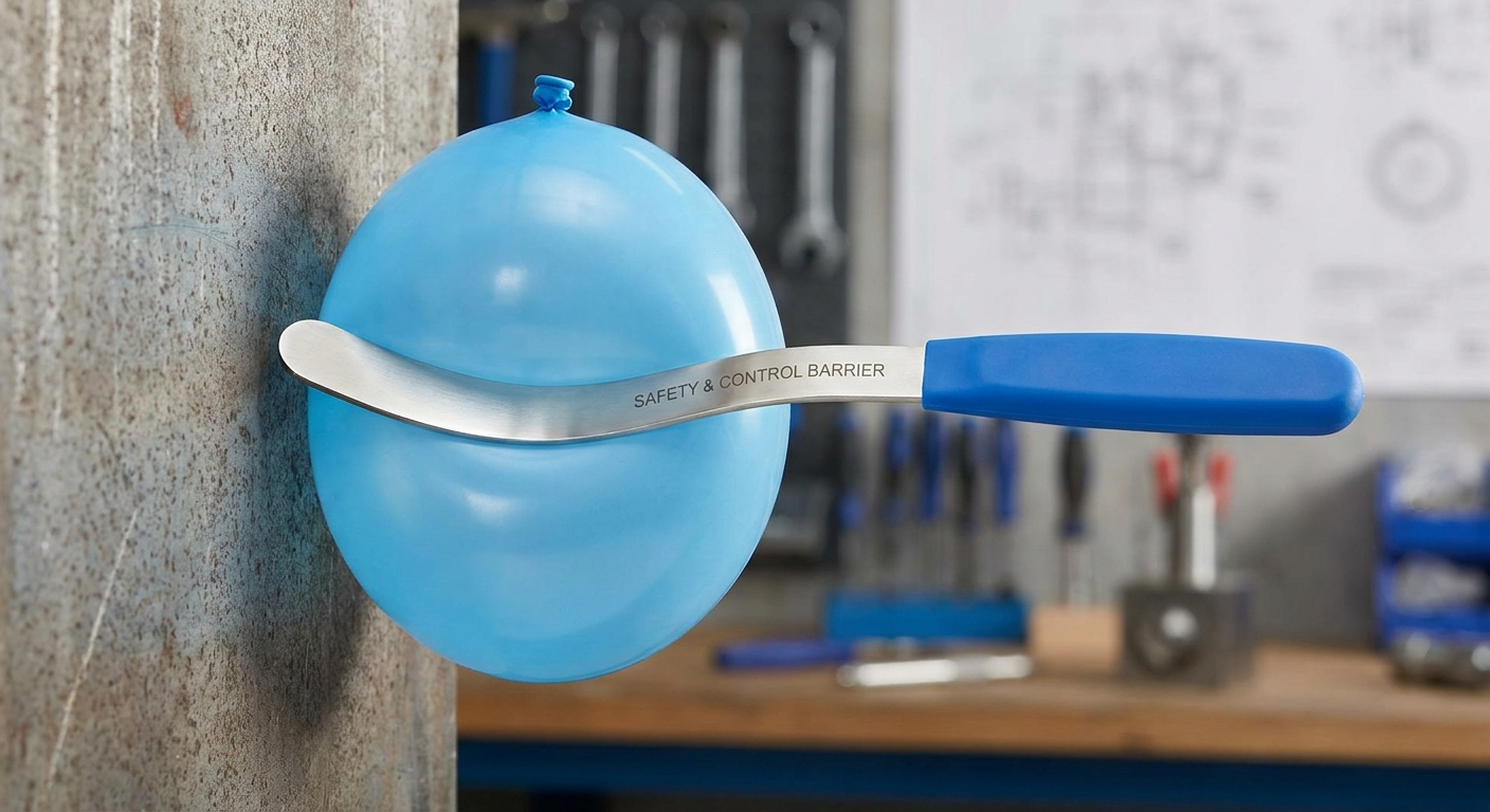 Safety and control concept: a curved guide spatula acting as a protective barrier between a balloon and the sidewall.
