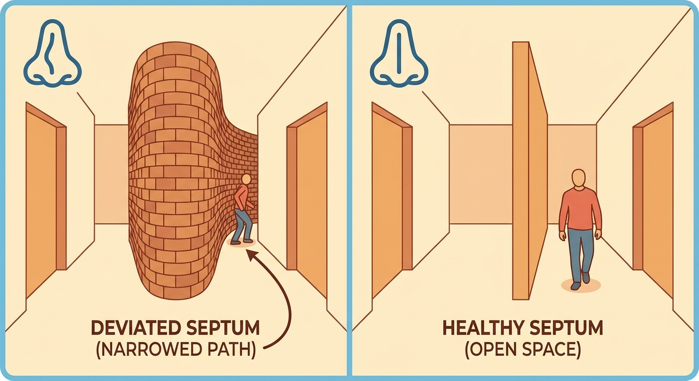 Deviated septum hallway analogy: curved vs straight central wall