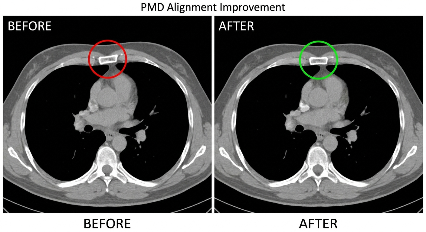 CT before-and-after comparison illustrating alignment improvement at the PMD