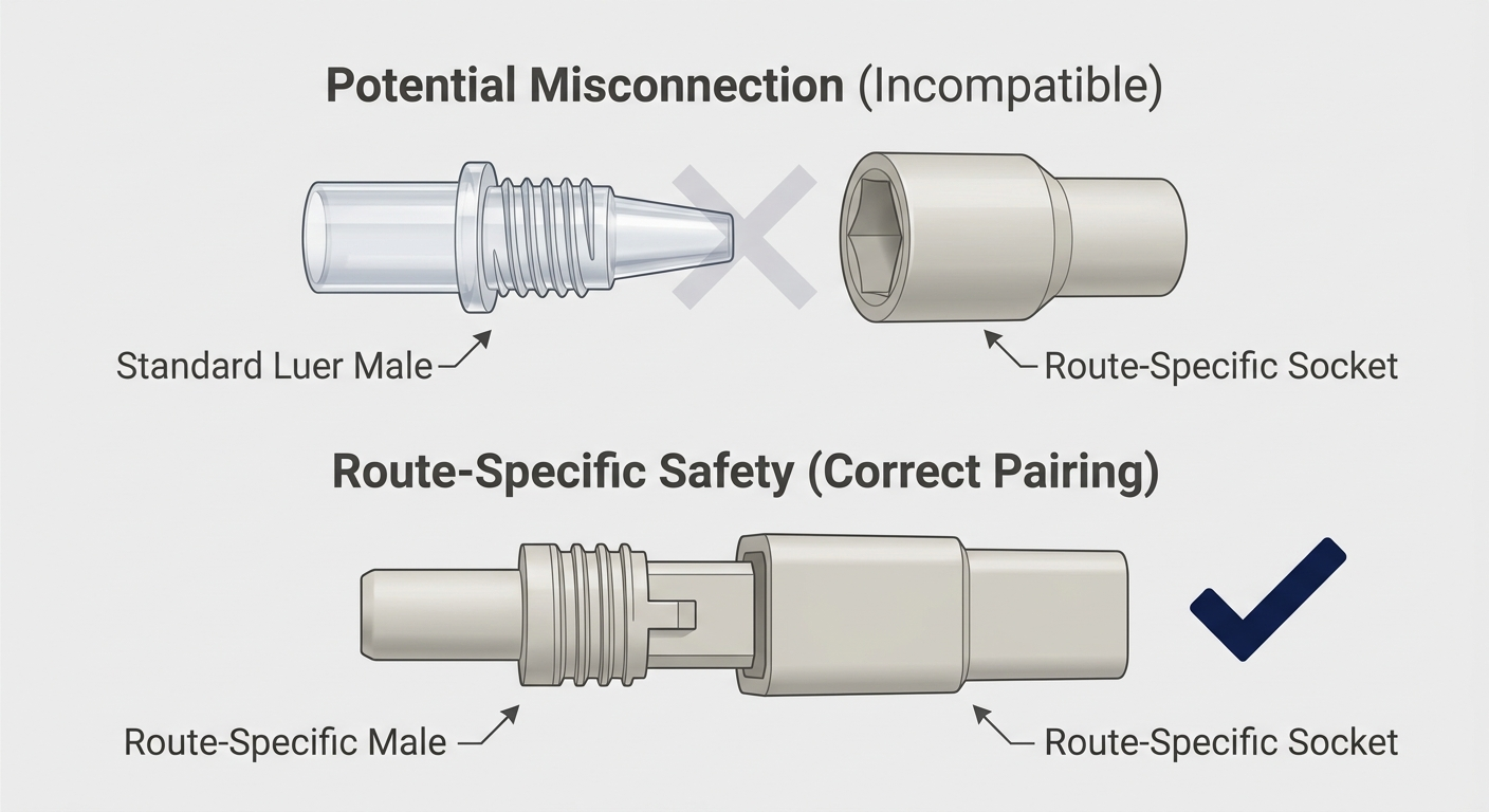 Misconnection risk versus route-specific safety: mismatched connectors with an X, correct pairing with a checkmark