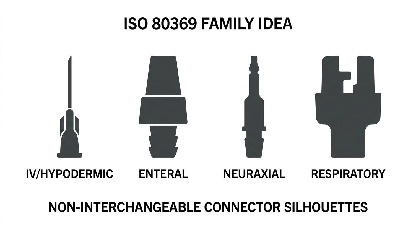 ISO 80369 family: non-interchangeable connector silhouettes labeled IV/Hypodermic, Enteral, Neuraxial, Respiratory