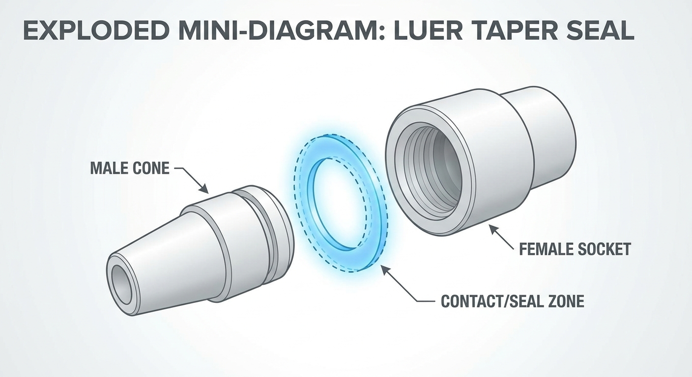 Exploded mini-diagram of the Luer taper seal highlighting the male cone, female socket, and contact zone