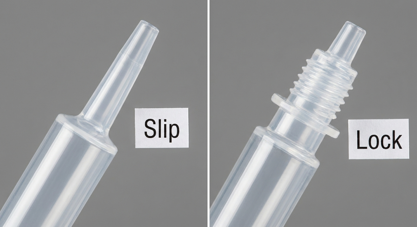 Side-by-side comparison of Luer Slip push-fit and Luer Lock threaded-collar connectors