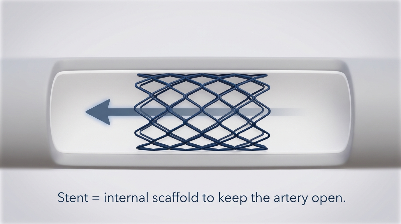 Illustration of an artery with a short mesh stent acting as an internal scaffold to keep the lumen open