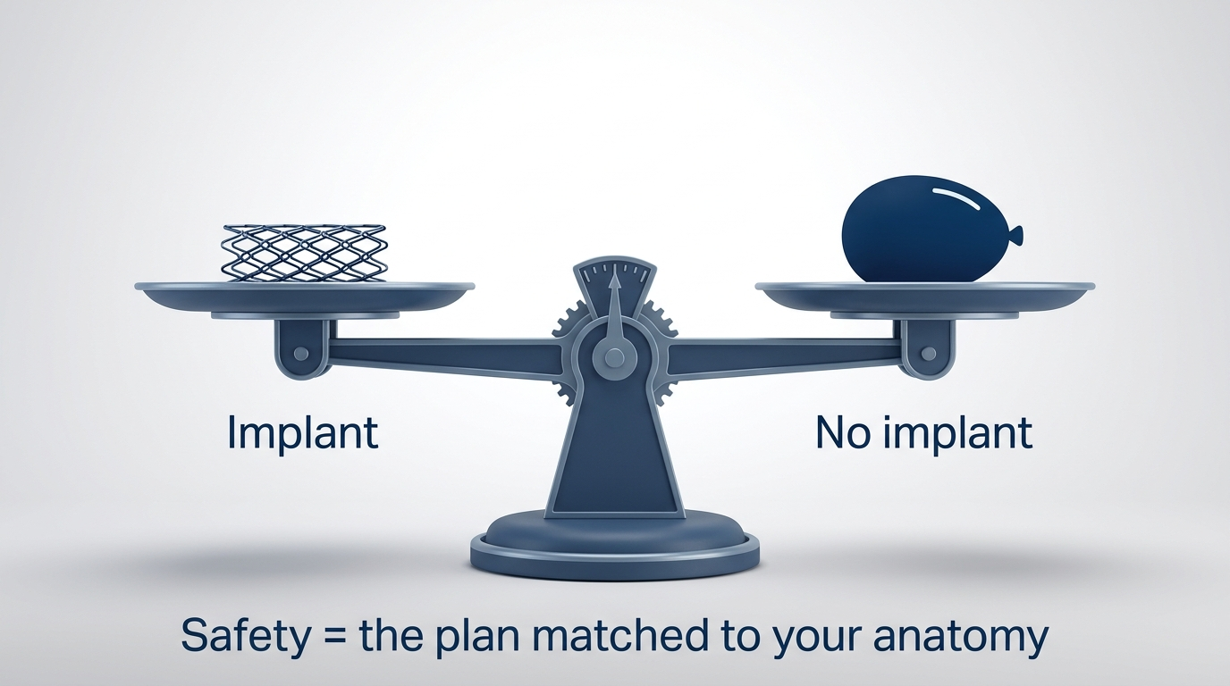 Balanced scale showing Implant vs No implant as even trade-offs, emphasizing case-by-case judgment