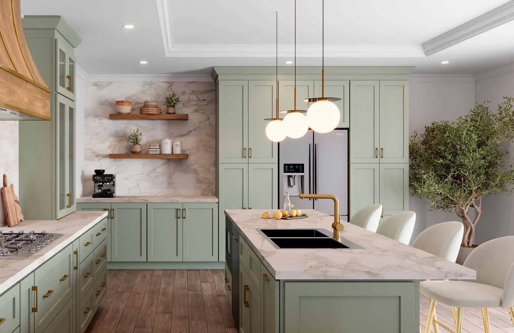 Soft green Shaker kitchen with an island and brass hardware