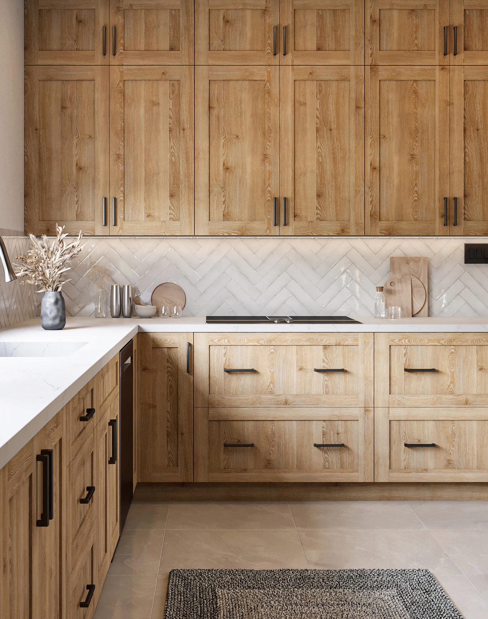 Natural wood kitchen cabinetry with visible grain and dark handles