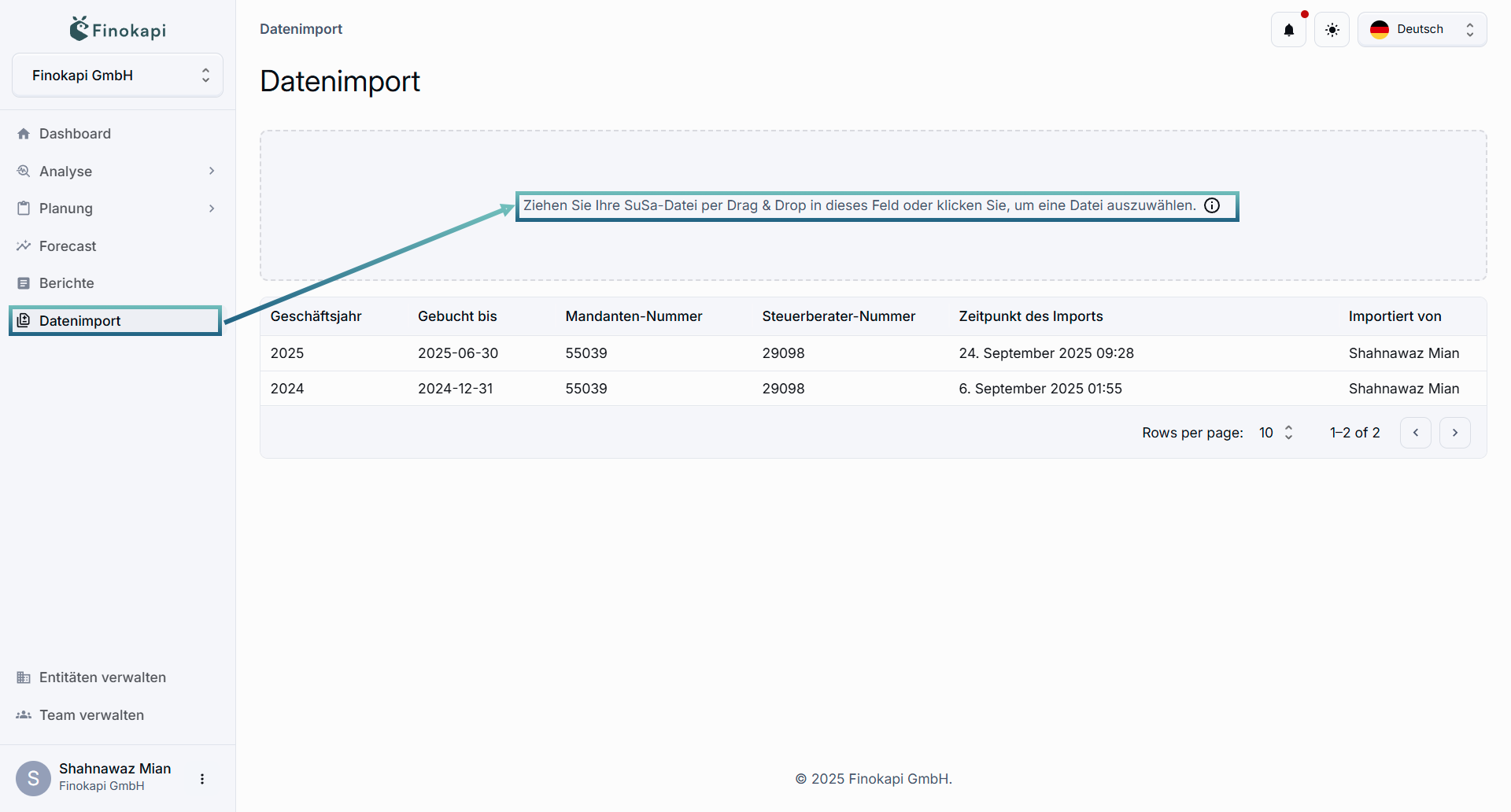 Finokapi Interface, Datei für Datenimport auswählen