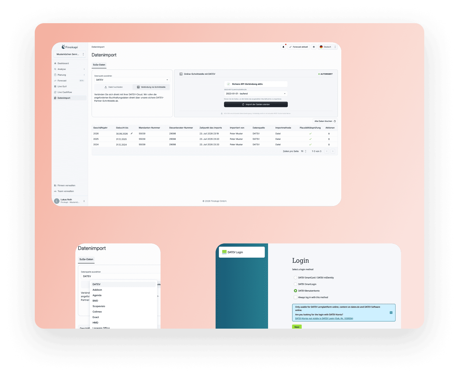 Datenimport in Finokapi mit aktiver DATEV-API-Verbindung, Summen- und Saldenliste je Geschäftsjahr