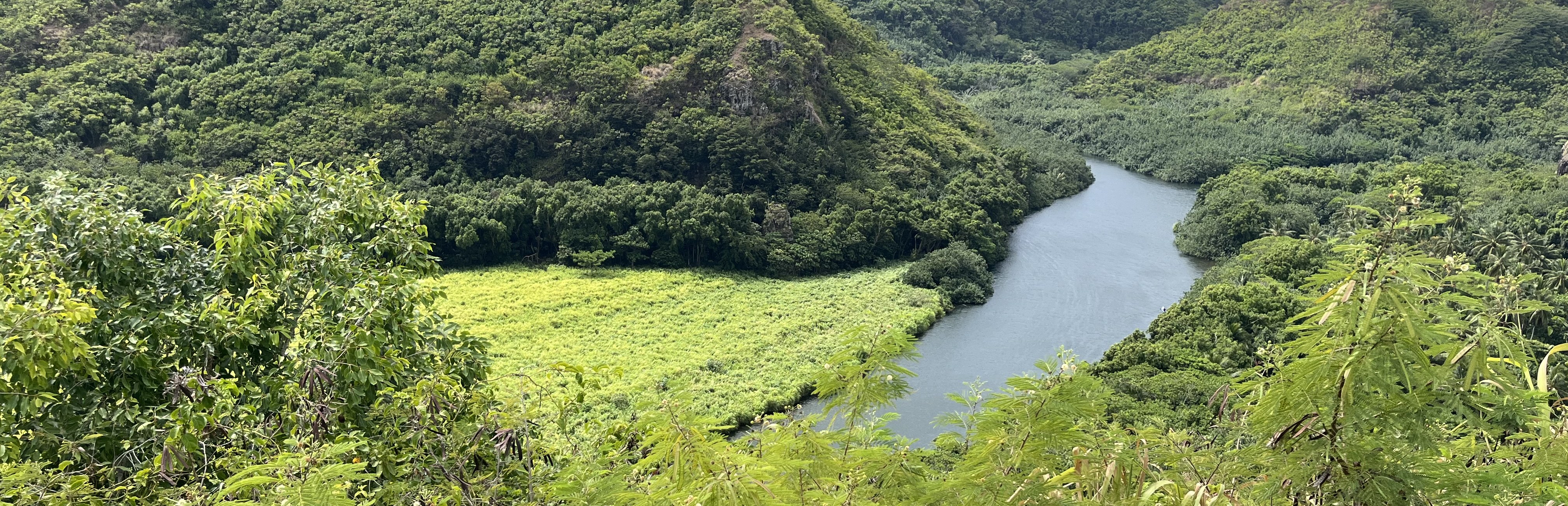 The Wailua River winding through green hills on Kauai's east side