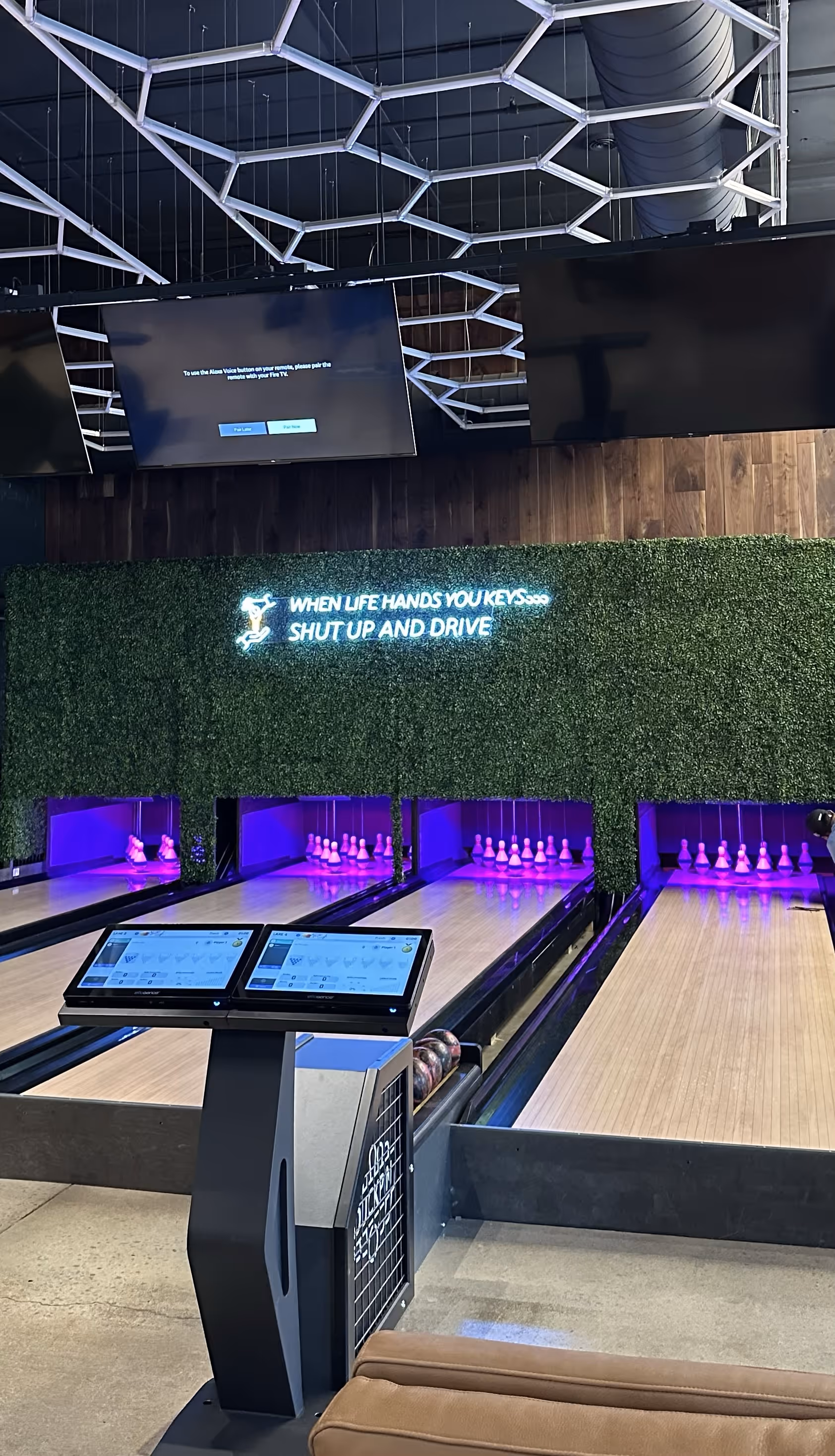 Duckpin bowling lanes at Old Route 69 Brewery in Ada, Ohio, featuring compact lanes, retro-inspired decor, and a fun, casual atmosphere perfect for groups and families.