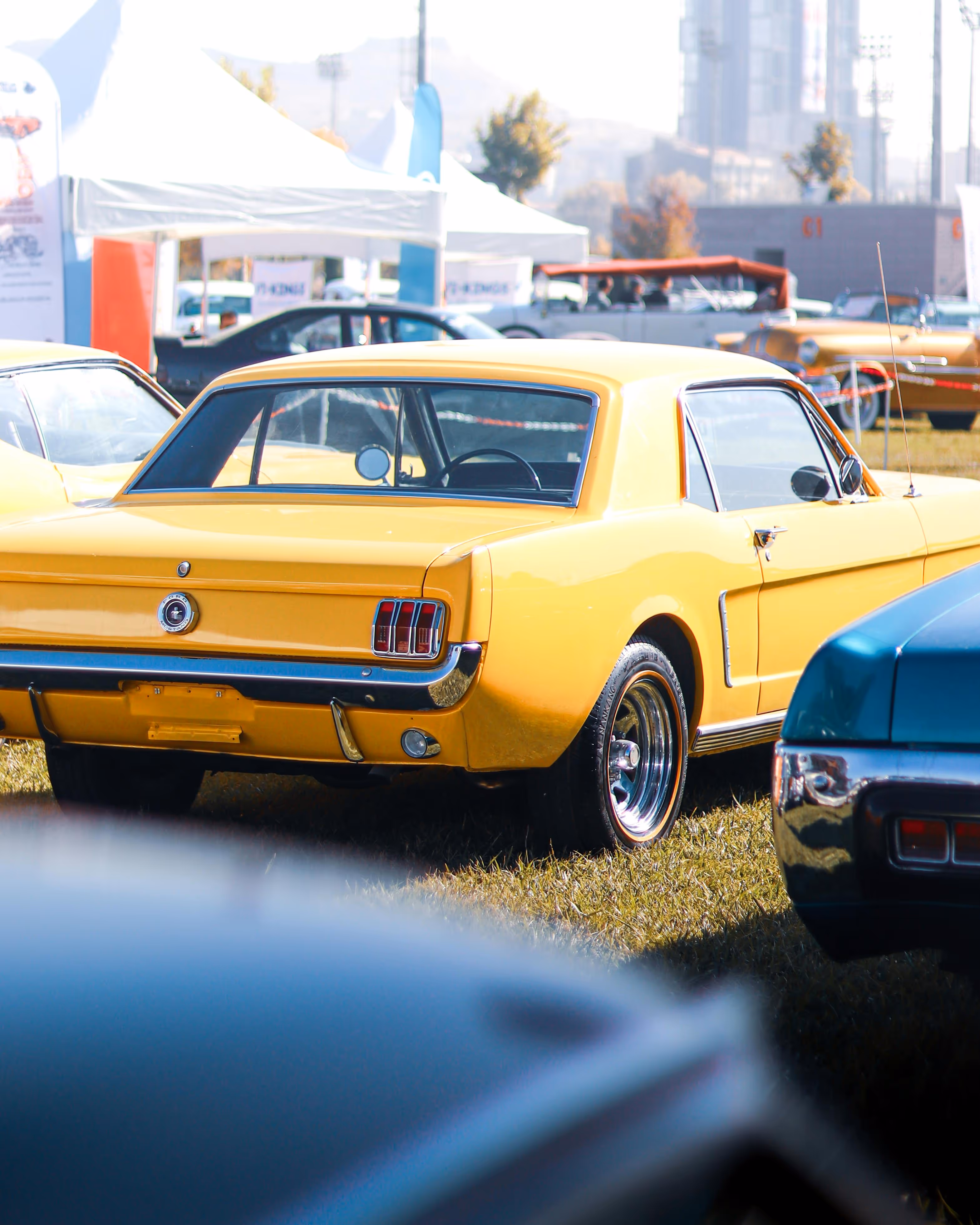 Classic yellow Ford Mustang on display at a vintage car show near Old Route 69 Brewery, surrounded by other retro vehicles and white event tents on a sunny day.