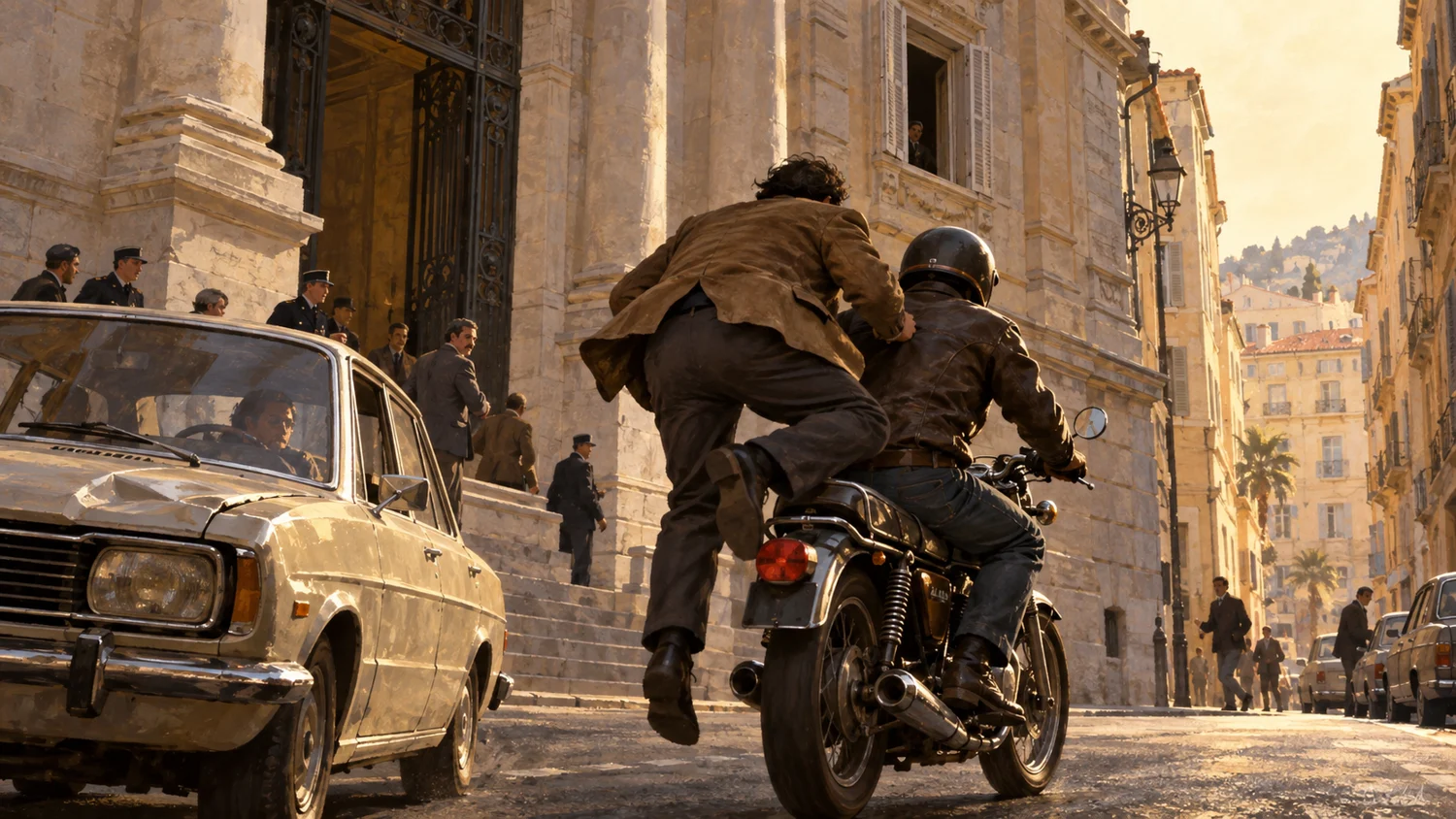 Illustrated courthouse escape with a man boarding a waiting motorcycle.