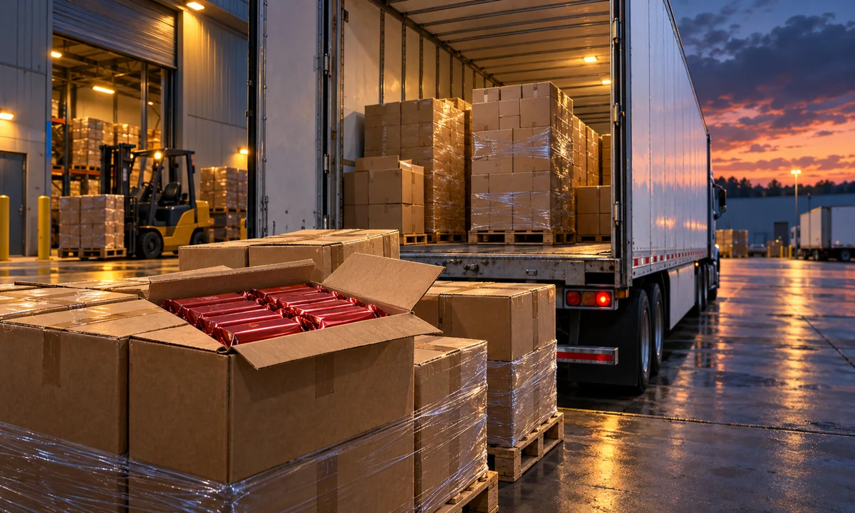Editorial illustration of food cartons and red-wrapped chocolates on pallets beside an open delivery trailer.