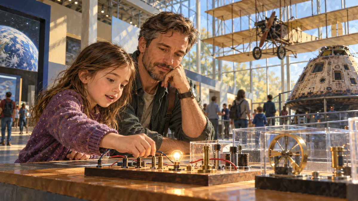 Illustration of a father and daughter exploring an electronics exhibit, with aircraft and spacecraft displays behind them.