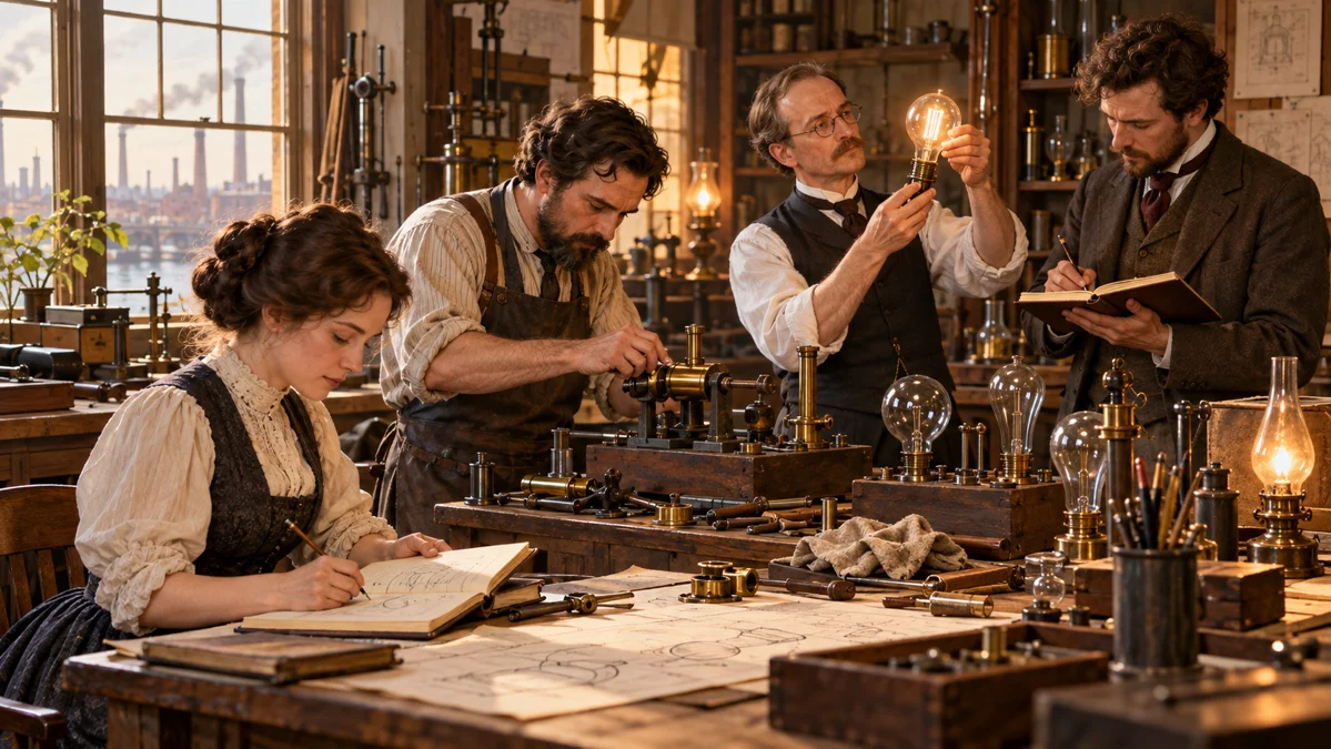Illustration of a team testing lamps and mechanical components in a nineteenth-century workshop.