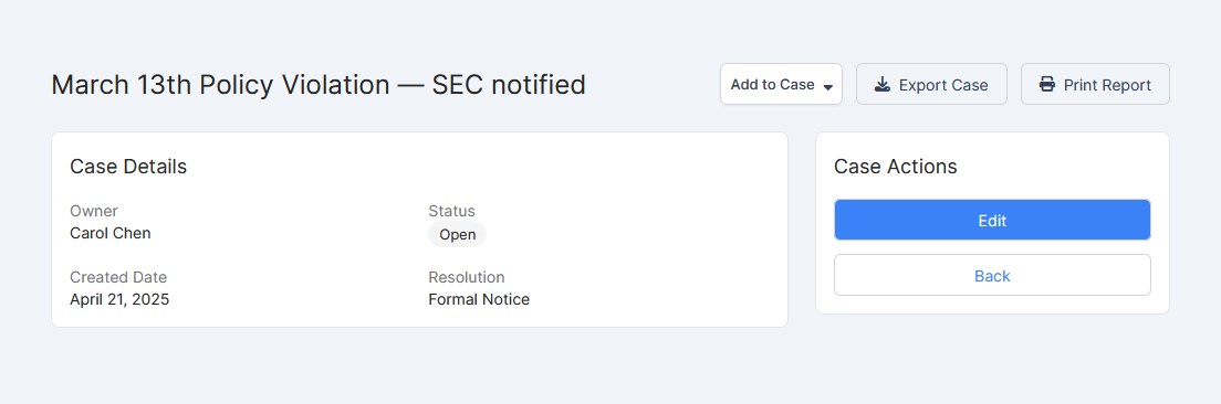 Comma Compliance case view — Export Case and Print Report buttons