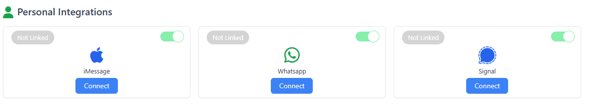 Personal Integrations section showing iMessage, WhatsApp, and Signal tiles each with a Connect button