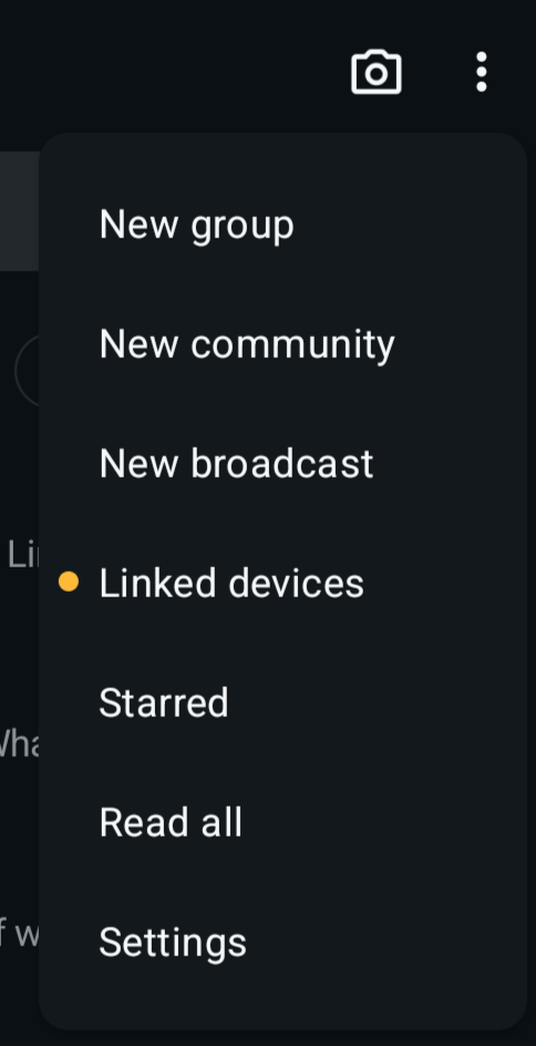  WhatsApp Android menu open with Linked Devices option highlighte