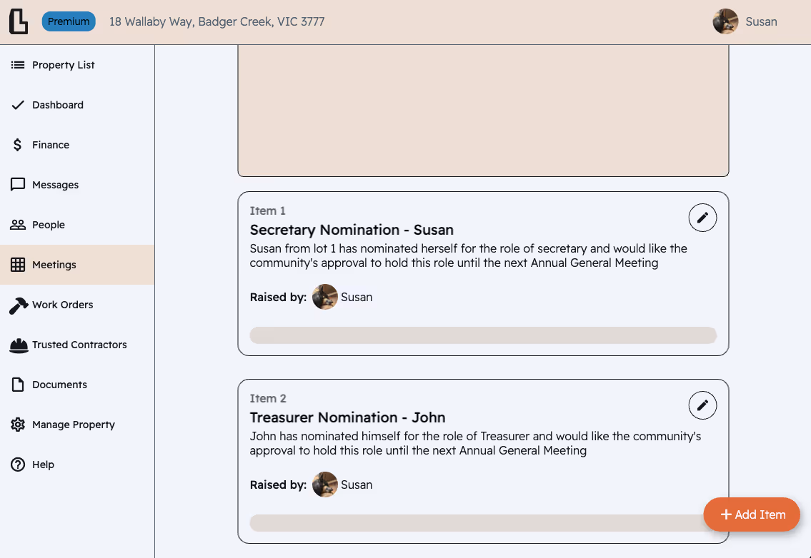 screenshot of Loma Strata agenda items for electing committee