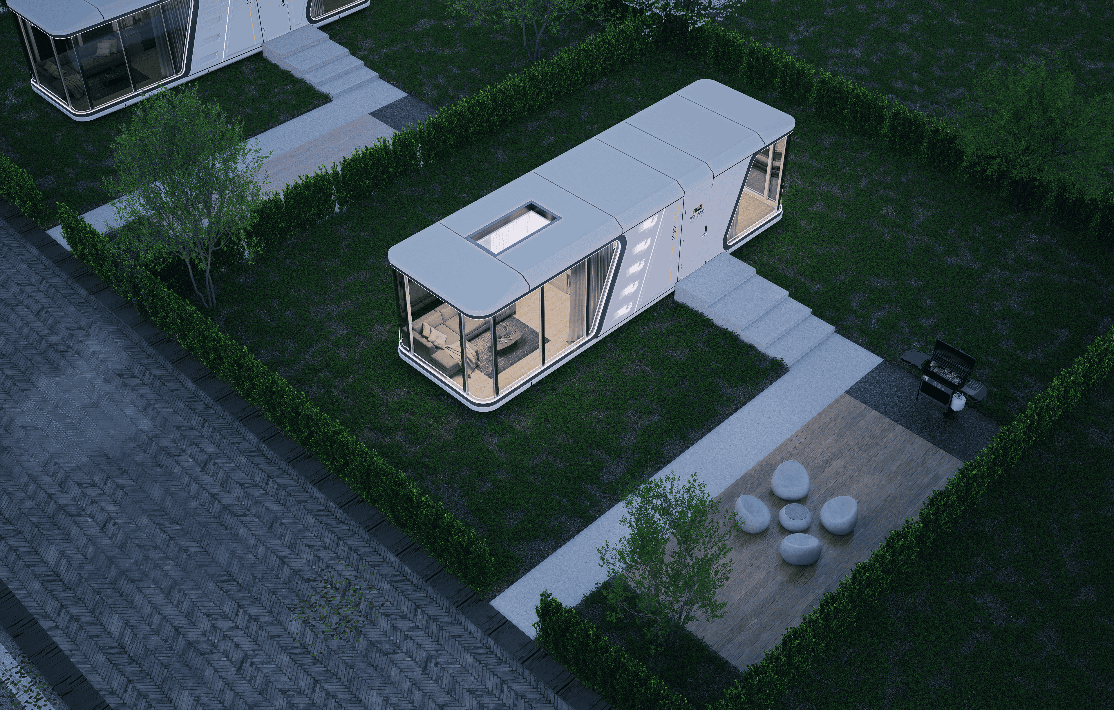 Bird’s eye view 3D render of Modinno's modern prefab tiny home showcasing compact design and efficient use of space.