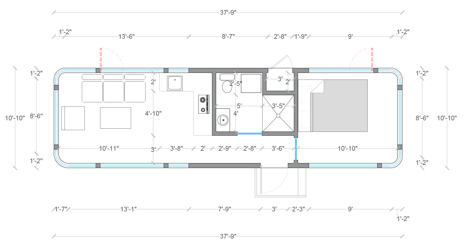Detailed ModiCOVE floor plan with exact room dimensions showing a 408 sq ft prefab tiny home layout including bedroom, bathroom, kitchen, and living area.