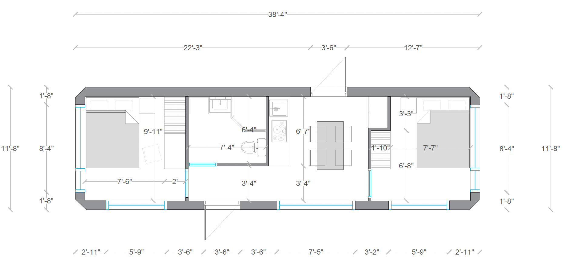 Detailed ModiCOVE floor plan with exact room dimensions showing a 408 sq ft prefab tiny home layout including bedroom, bathroom, kitchen, and living area.