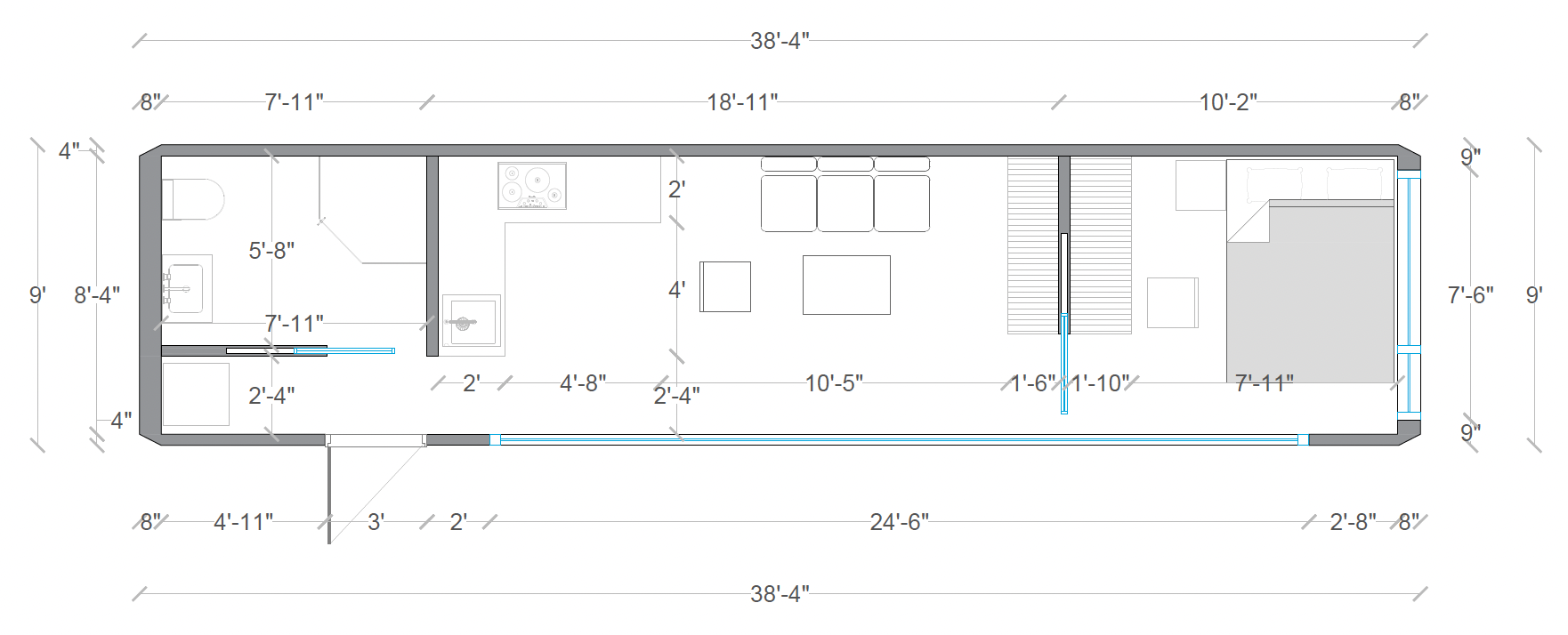 Detailed ModiCOVE floor plan with exact room dimensions showing a 408 sq ft prefab tiny home layout including bedroom, bathroom, kitchen, and living area.