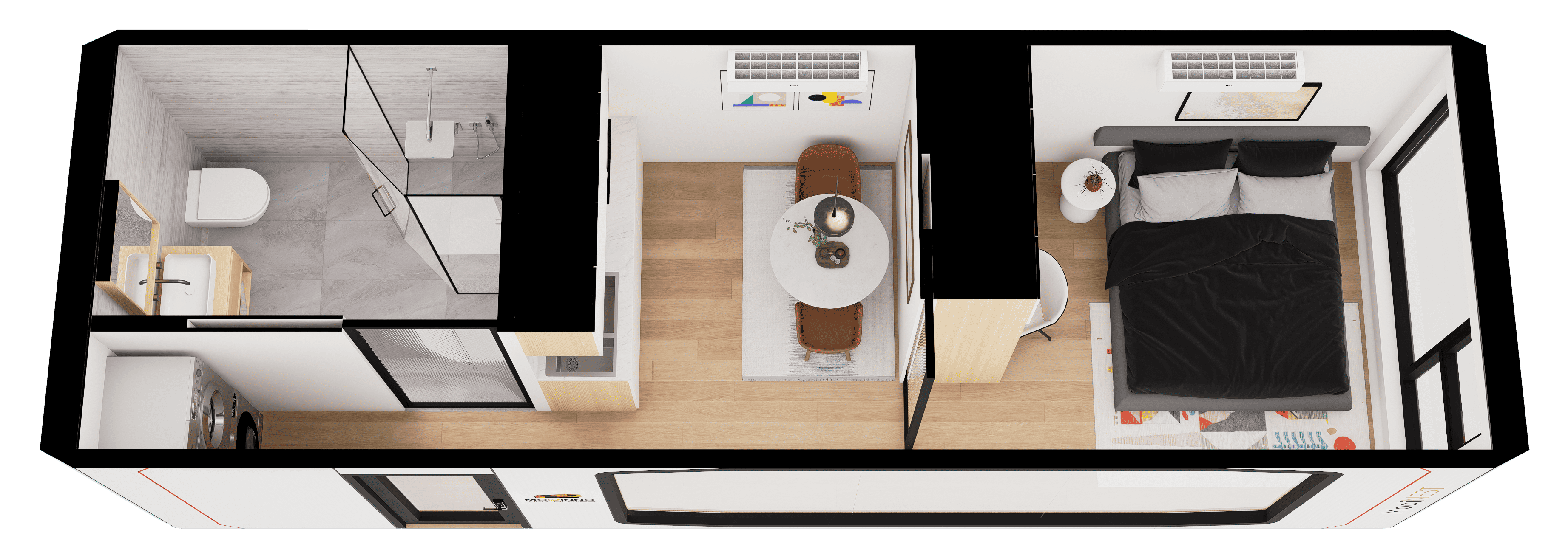 Top-down view of ModiCOVE floor layout with 1 bedroom, 1 bath, kitchen, and living room, showcasing an eco-friendly and efficient tiny home design.