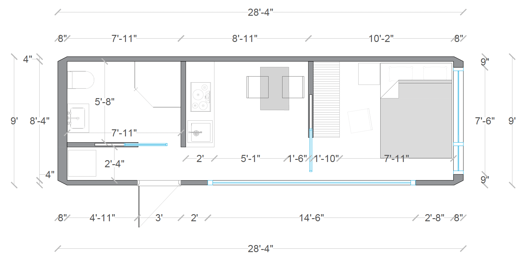 Detailed ModiCOVE floor plan with exact room dimensions showing a 408 sq ft prefab tiny home layout including bedroom, bathroom, kitchen, and living area.