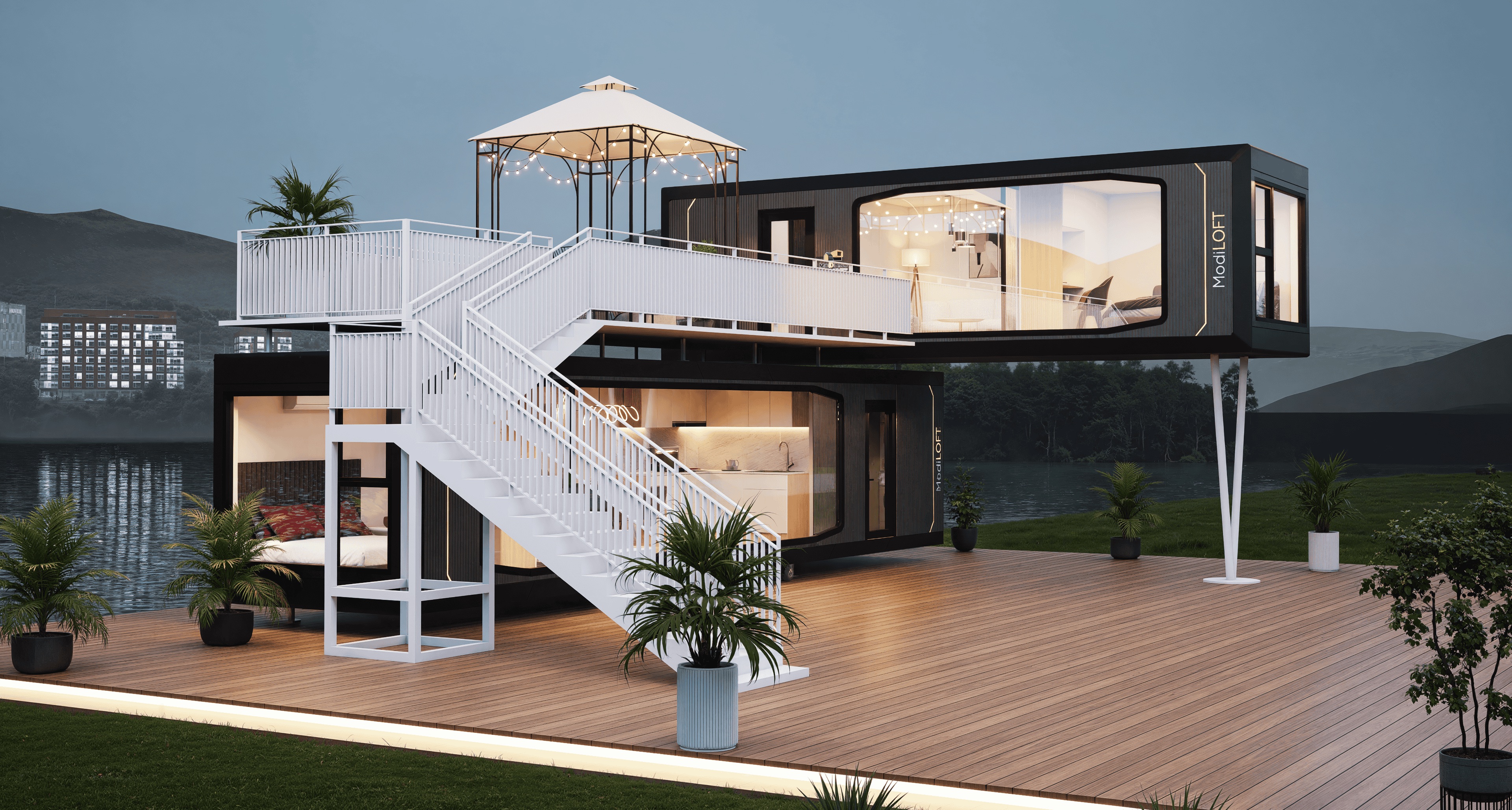 Top-down view of ModiCOVE floor layout with 1 bedroom, 1 bath, kitchen, and living room, showcasing an eco-friendly and efficient tiny home design.