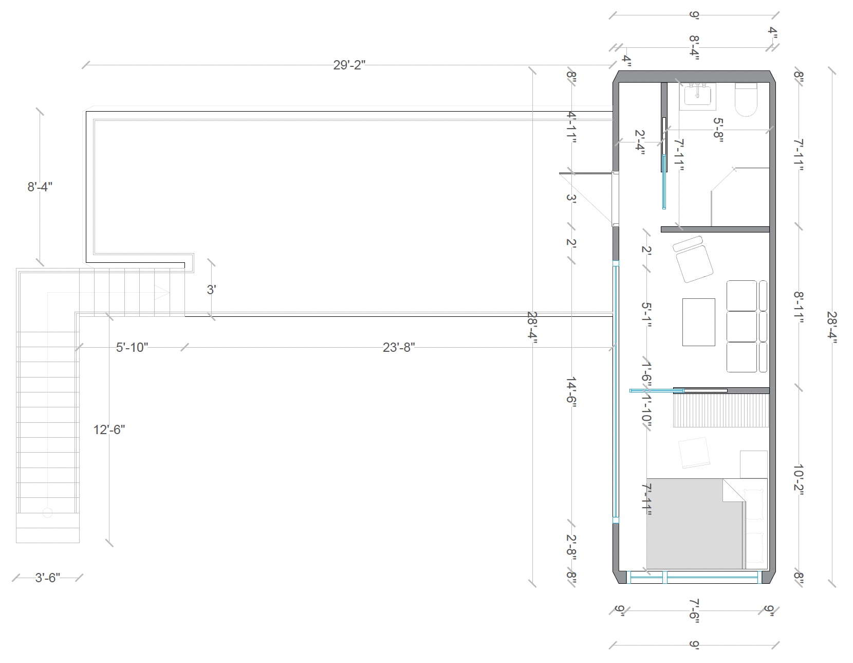 Detailed ModiCOVE floor plan with exact room dimensions showing a 408 sq ft prefab tiny home layout including bedroom, bathroom, kitchen, and living area.