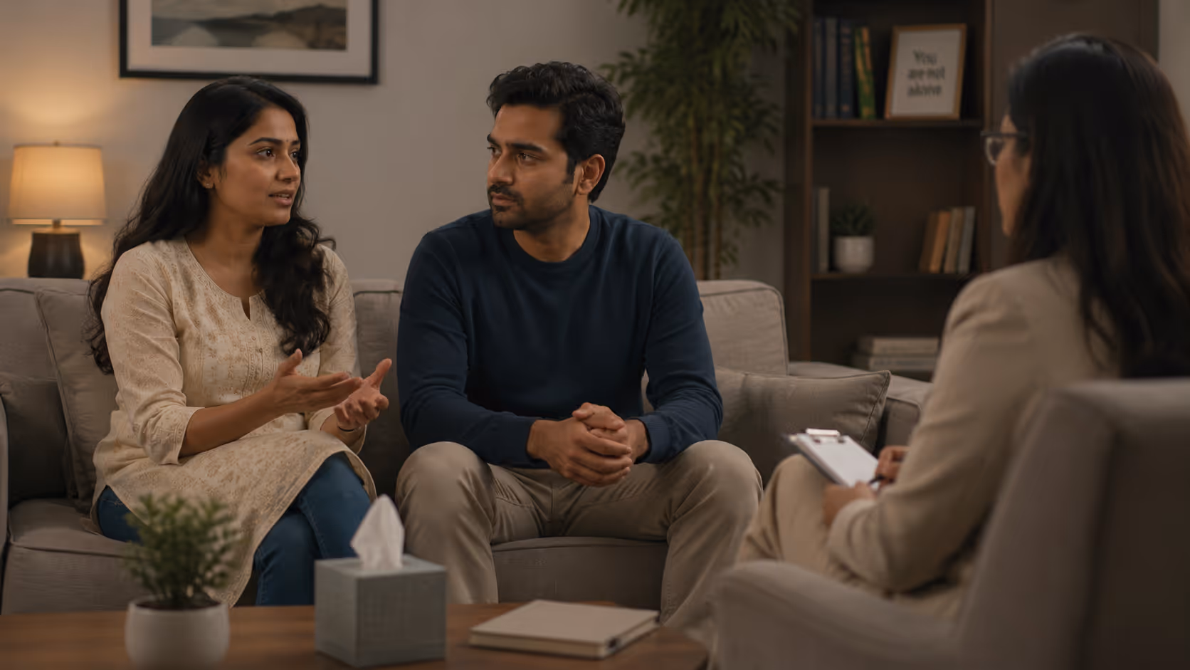 Two people talking openly in a calm therapy setting — visual for couples therapy session