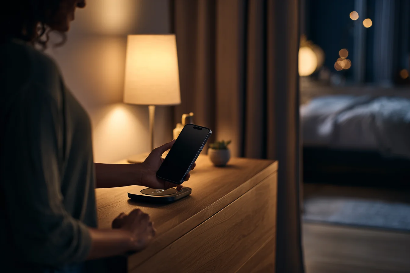 Adulto deja el teléfono en zona de apagado digital del pasillo, de noche y fuera de la recámara, evitando pantallas antes de dormir.