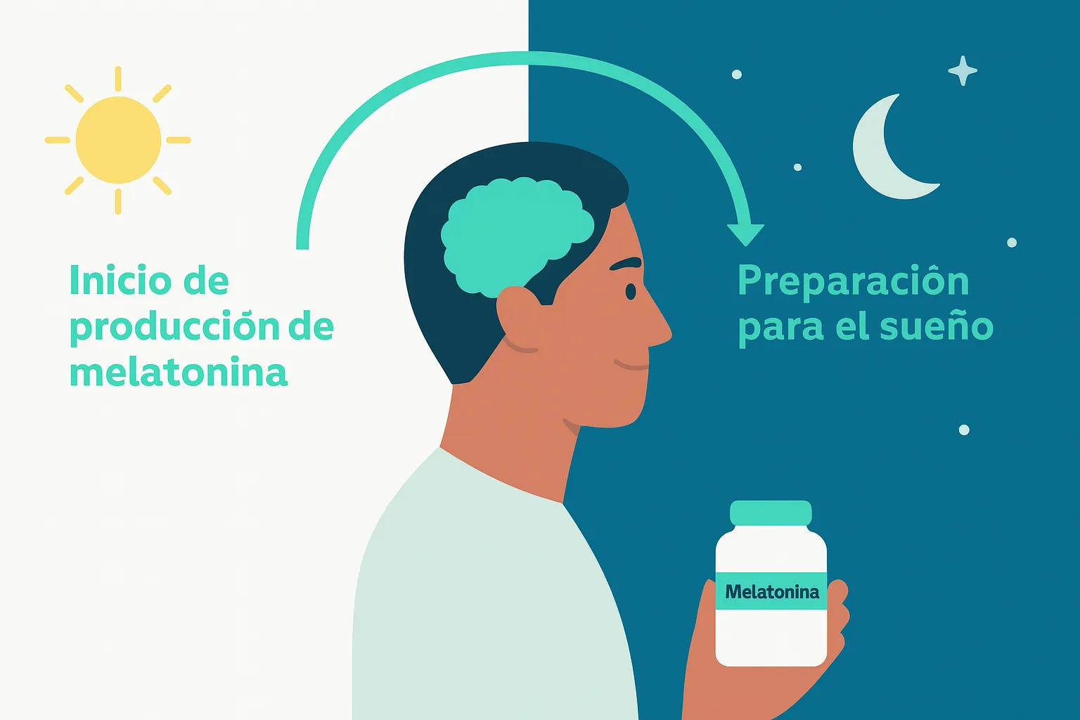 Infografía del ritmo circadiano en un hombre, mostrando cómo la melatonina se libera al anochecer para preparar el cuerpo para dormir.