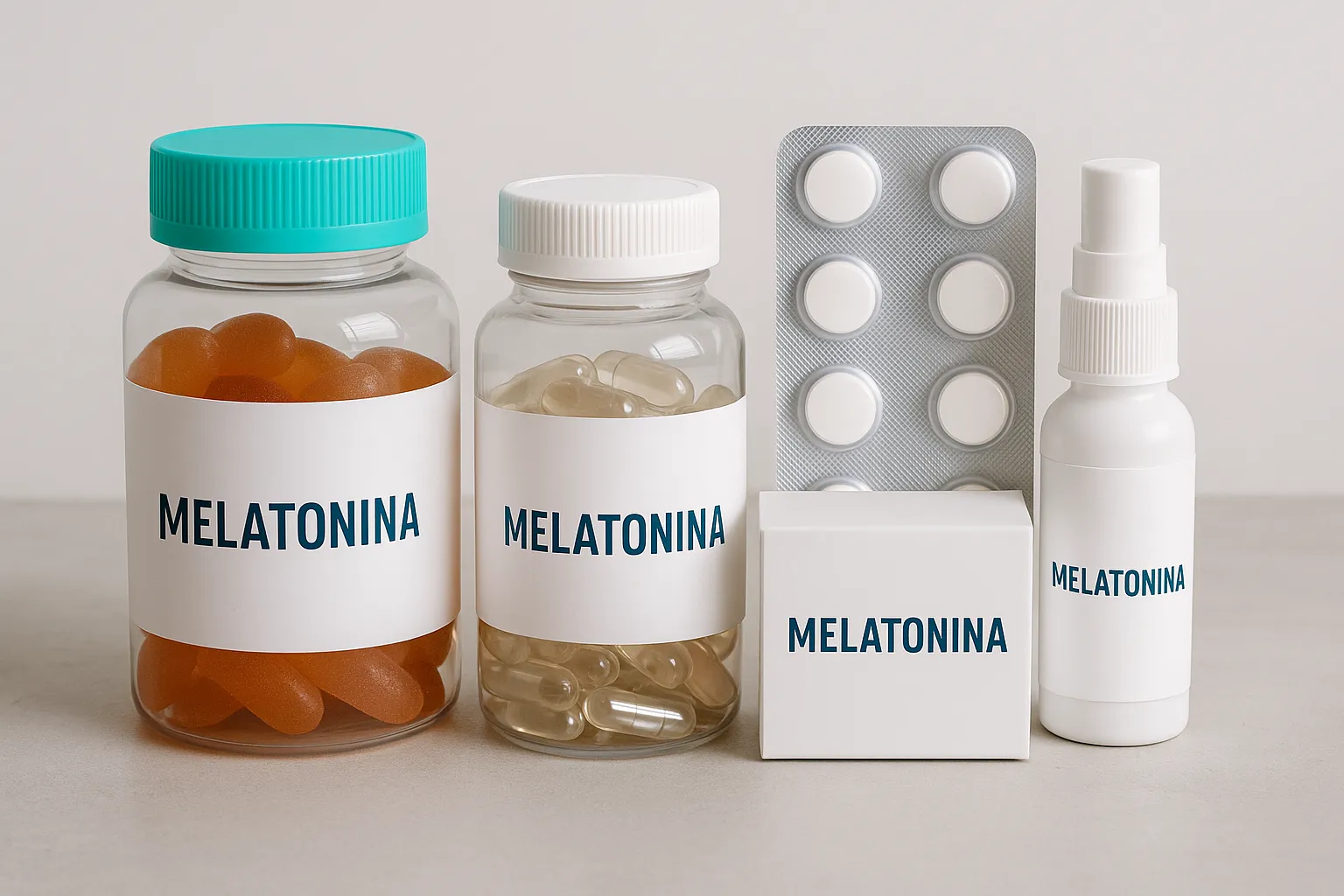 Cuatro tipos de suplementos de melatonina sobre fondo claro: gomitas, cápsulas, tabletas y spray, con etiquetas visibles que indican “melatonina”.