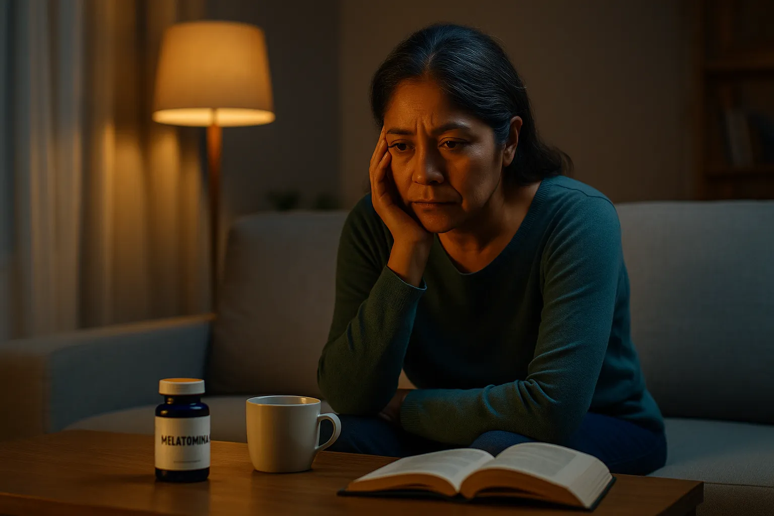 Mujer en sus cuarentas sentada en su sala por la noche, observando un frasco de melatonina sobre la mesa con expresión pensativa y luz cálida.