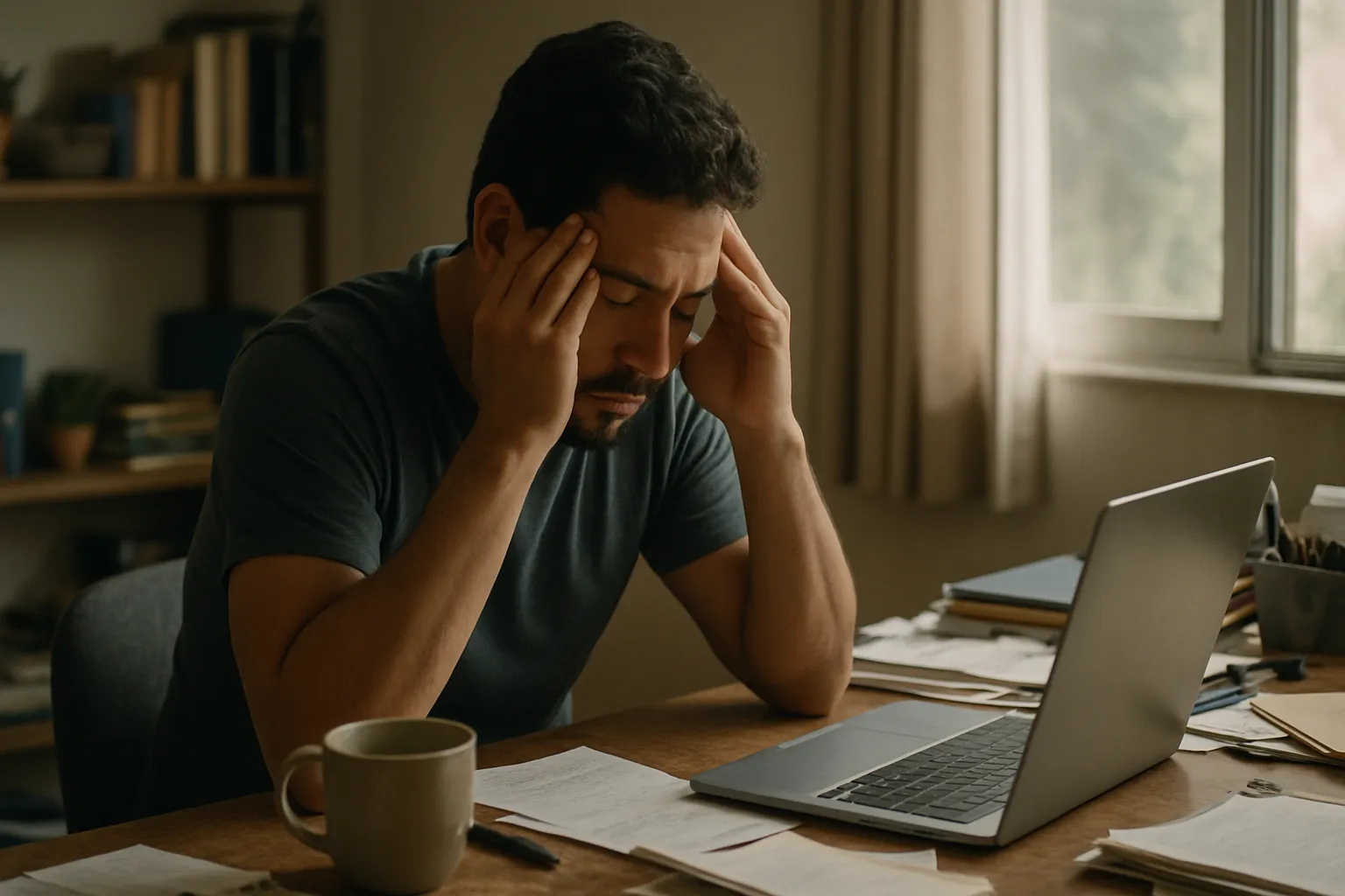 Hombre en sus 30s sentado en su escritorio con expresión de cansancio y tensión, representando síntomas cotidianos de ansiedad