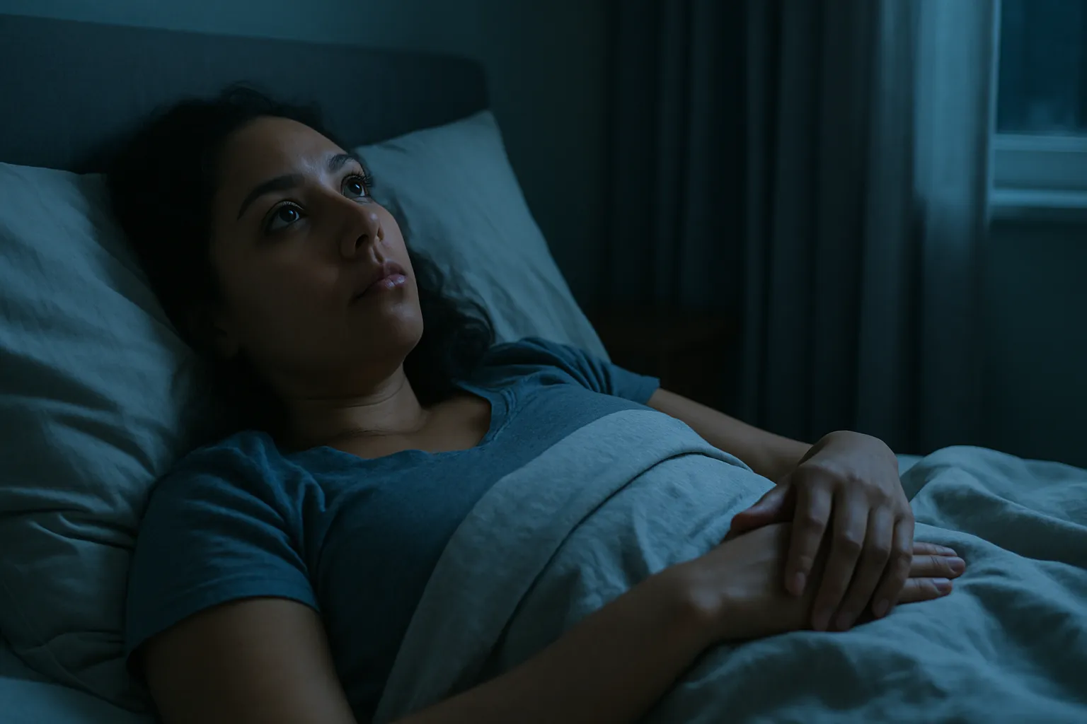 Mujer acostada despierta en su cama durante la noche, con mirada fija al techo, reflejando insomnio por ansiedad.