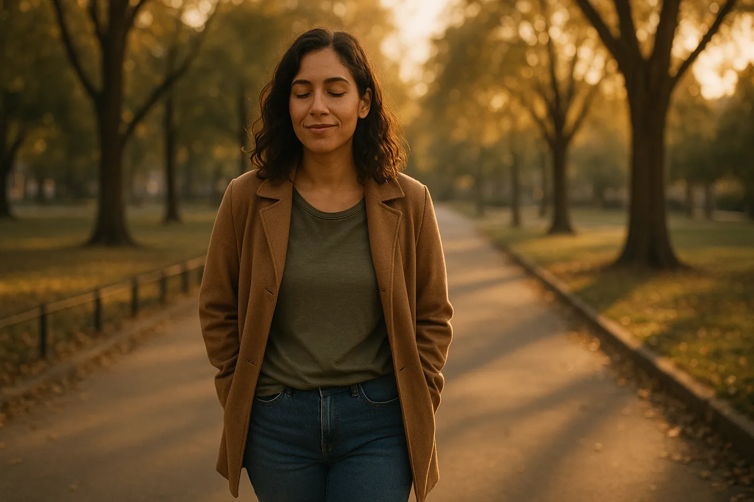 Mujer joven caminando tranquila por un parque al atardecer, con una sutil sonrisa de alivio y recuperación emocional.