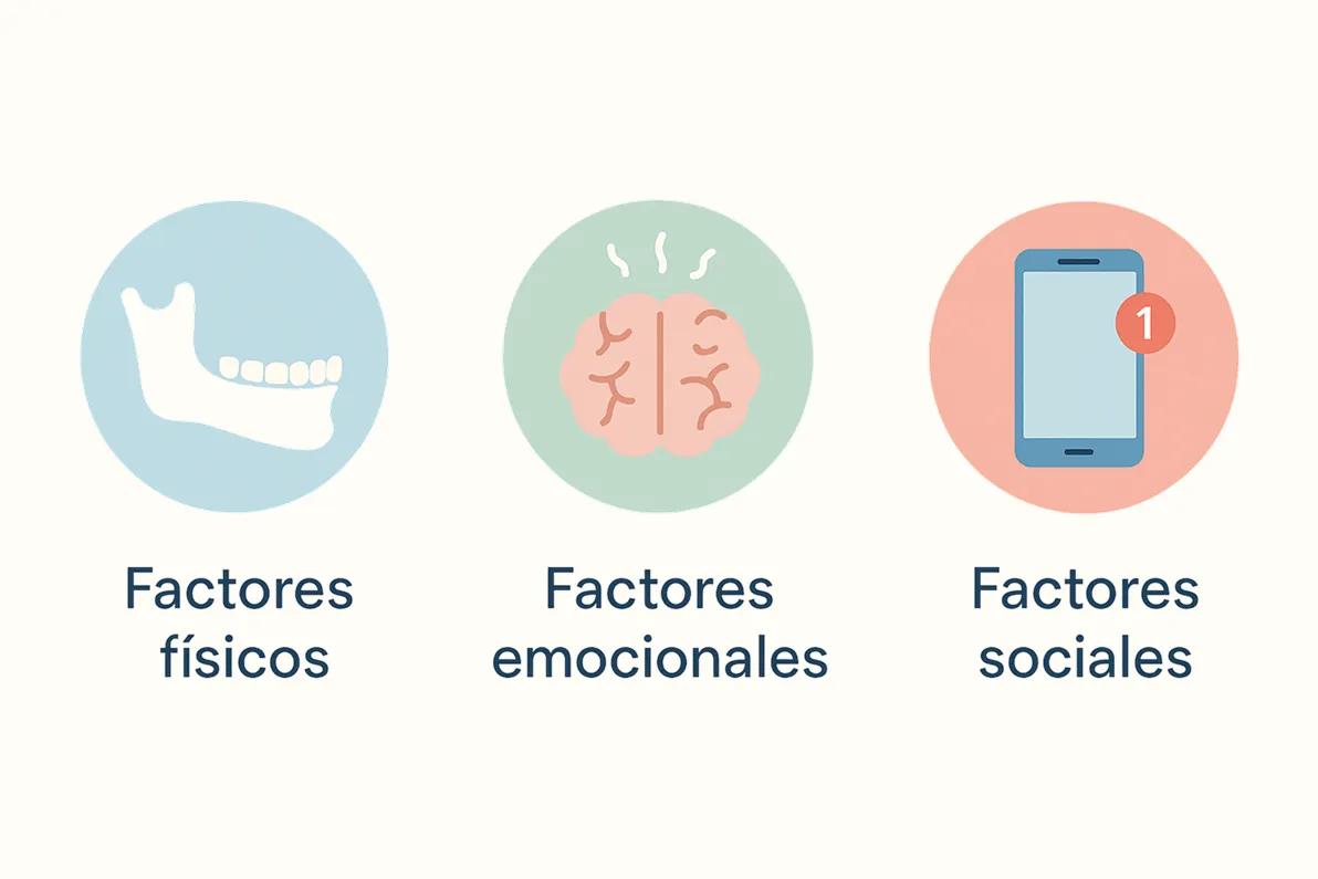 Factores que pueden causar bruxismo: estrés emocional, maloclusión dental, consumo de estimulantes y trastornos del sueño como la apnea.