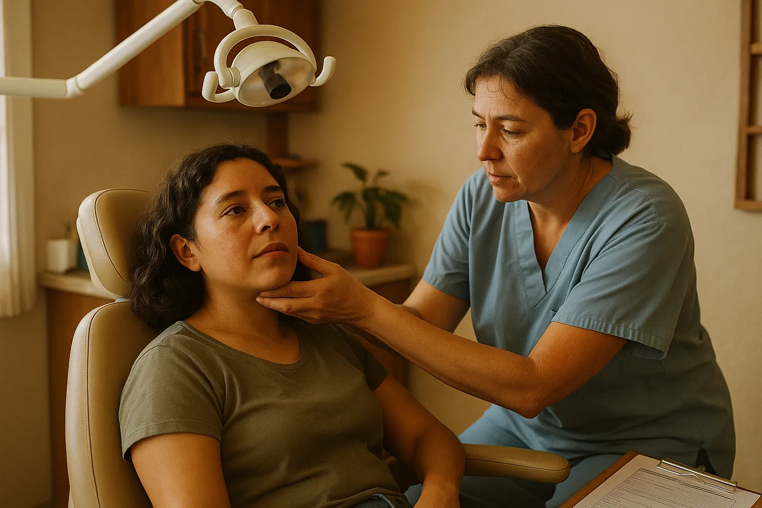 Dentista revisando mandíbula de paciente en consultorio luminoso