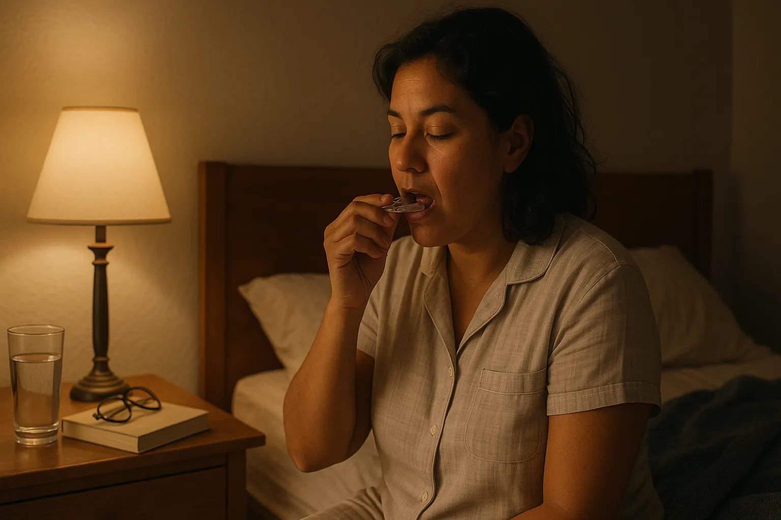 Mujer hispana colocando férula dental antes de dormir
