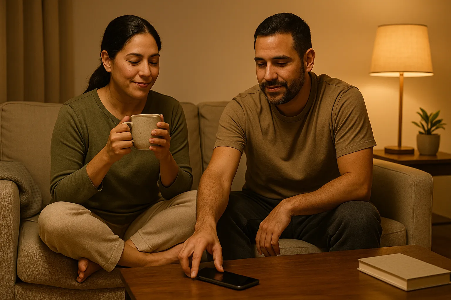 Pareja sentada en su sala con ambiente relajado antes de dormir